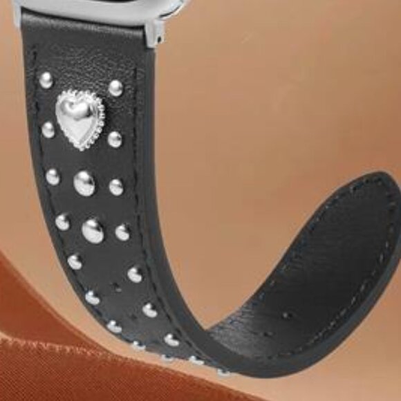 NEW Black Studded Heart Charm Leather Luxury Apple Watch Band main image 5